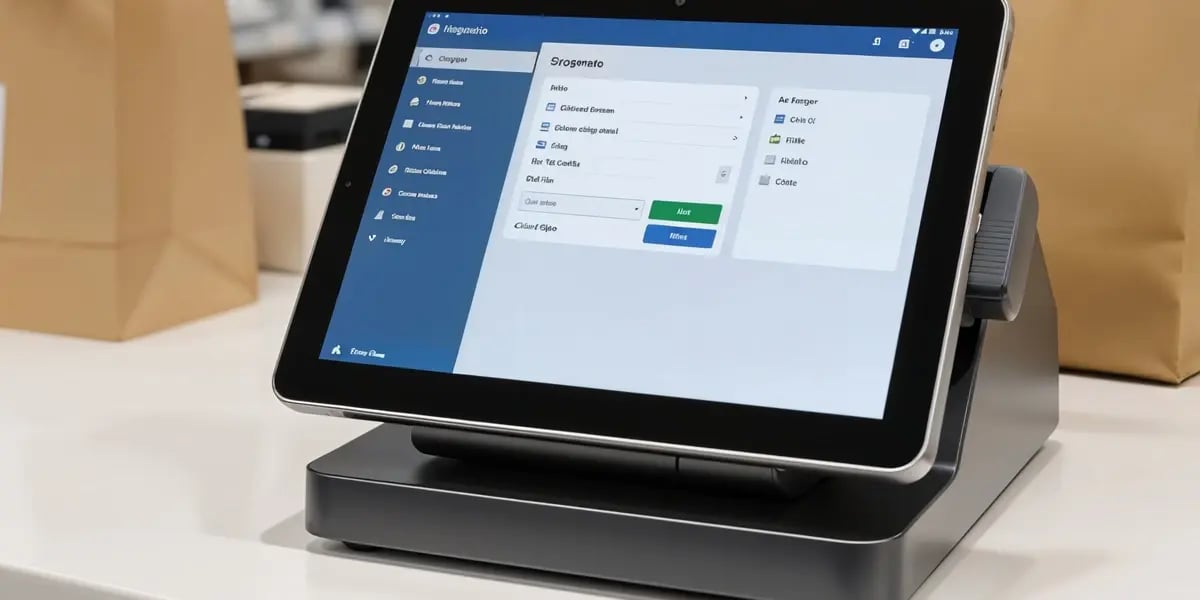 Modernes Kassensystem mit Touchscreen in einem Geschäftsumfeld, Einkaufstüten im Hintergrund – Symbol für digitale Verkaufsprozesse.