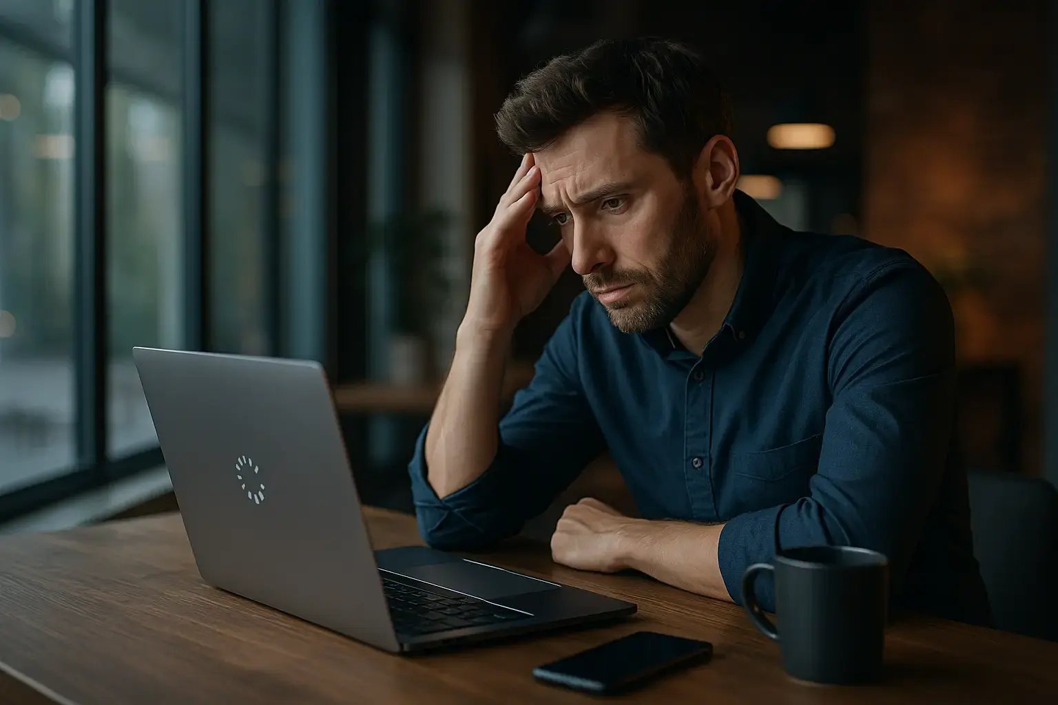 Ein frustrierter Mann arbeitet am Laptop und sucht nach Lösungen für seinen mittwald Shopware Shop.