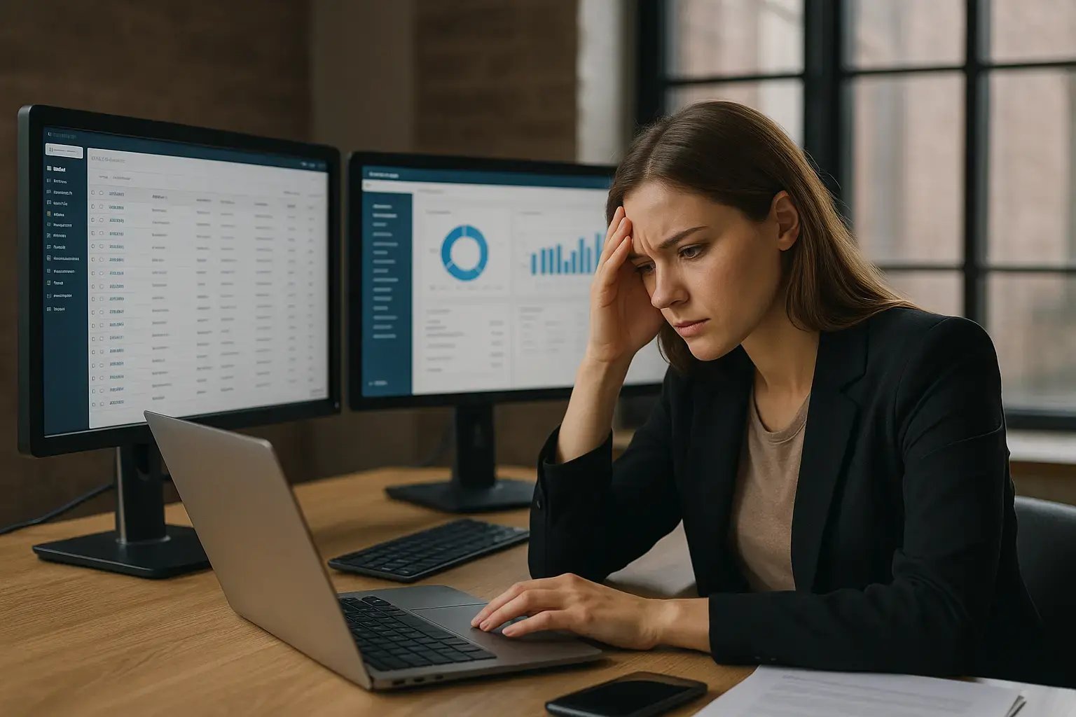 Gestresste Geschäftsfrau am Computer, die mit Datenanalyse arbeitet.