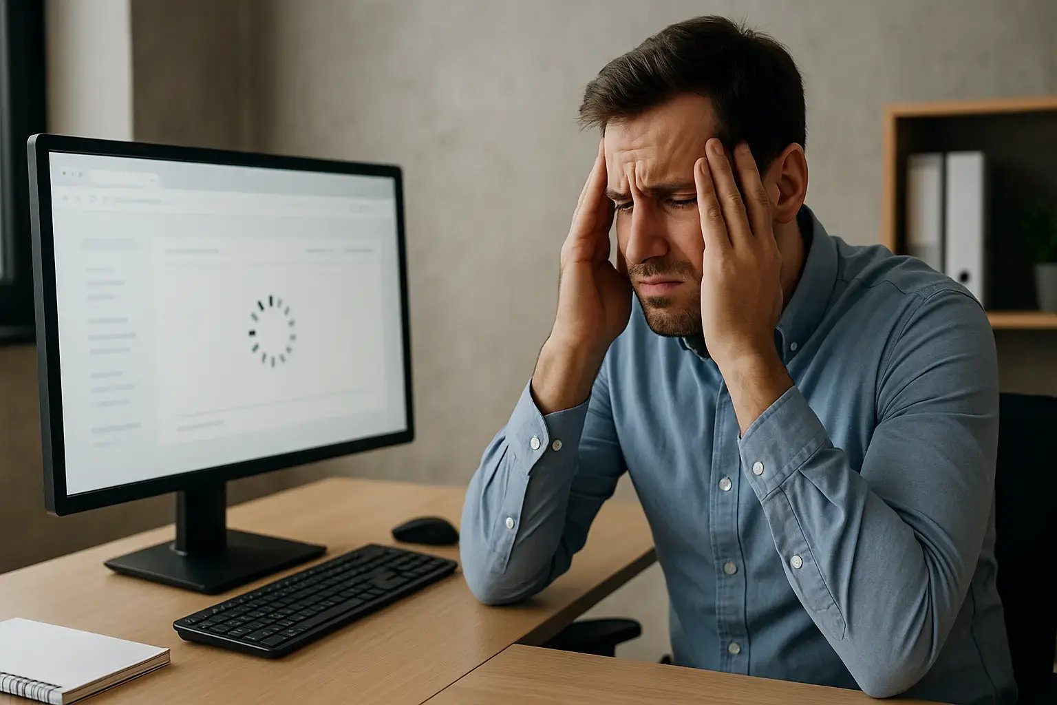 Ein gestresster Mann blickt auf einen Monitor und hat Probleme mit seiner mittwald Shopware Webseite.