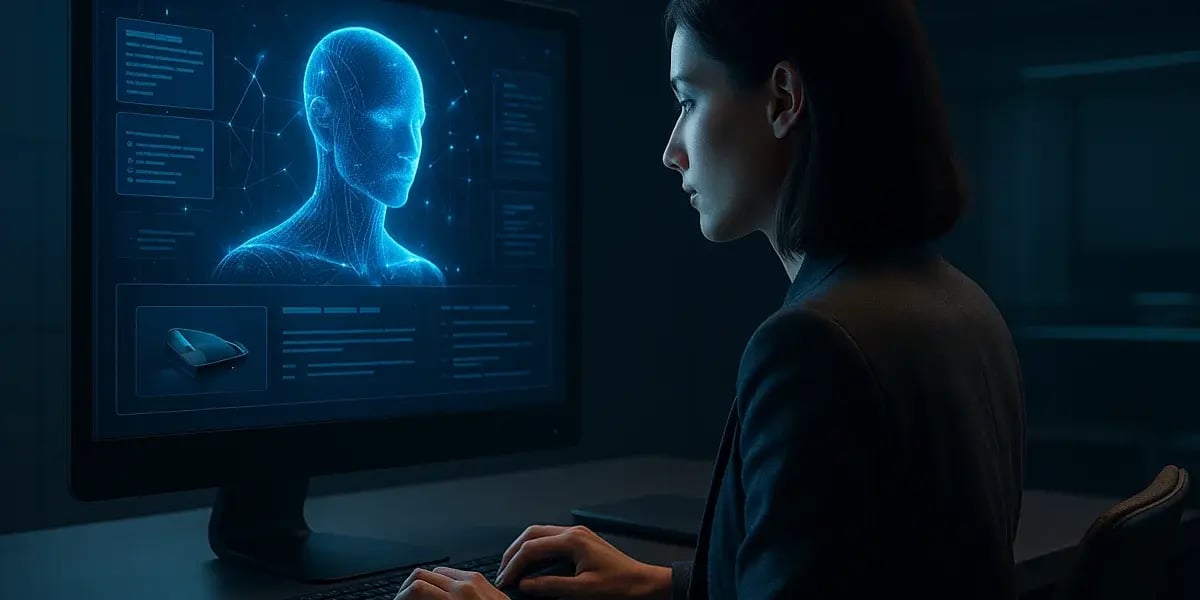 Frau arbeitet am Computer mit holografischer KI-Darstellung – Sinnbild für Zusammenarbeit zwischen Mensch und künstlicher Intelligenz.