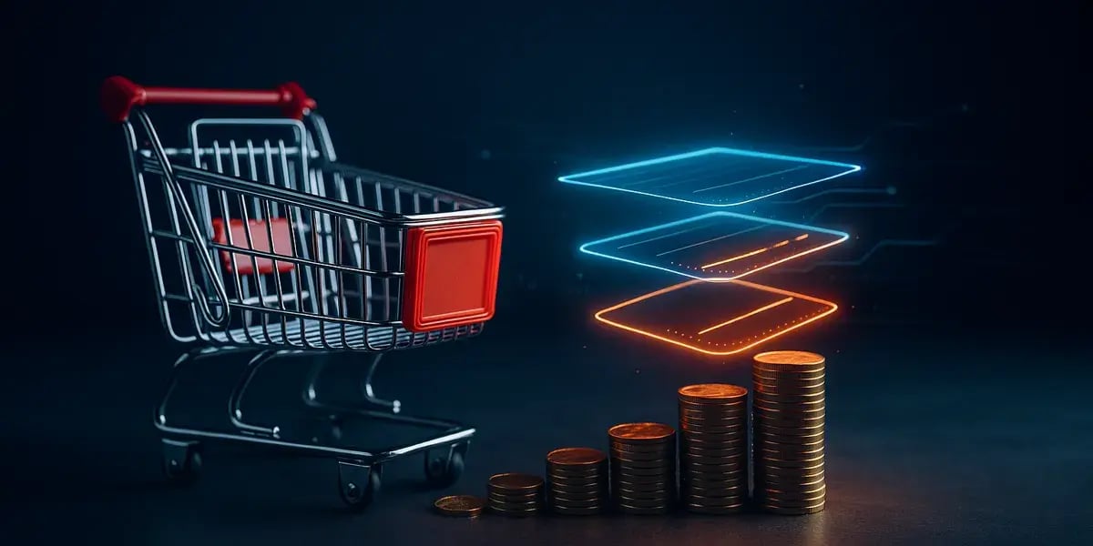 Einkaufswagen neben gestapelten Münzen, Symbol für Umsatzwachstum und digitale Handelsplattformen.