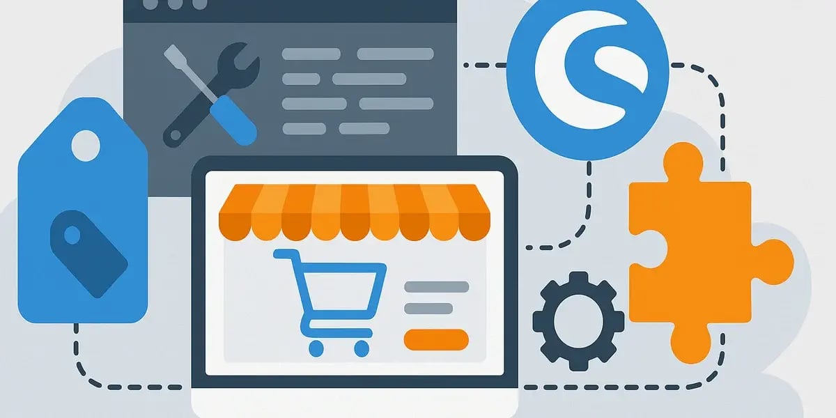 Illustration eines Online-Shops mit Einkaufswagensymbol, Shopware-Logo, Werkzeugen und Puzzleteil für Integration.