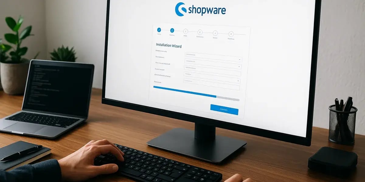 Person richtet Shopware auf einem Desktop-PC ein, Installationsassistent wird angezeigt.