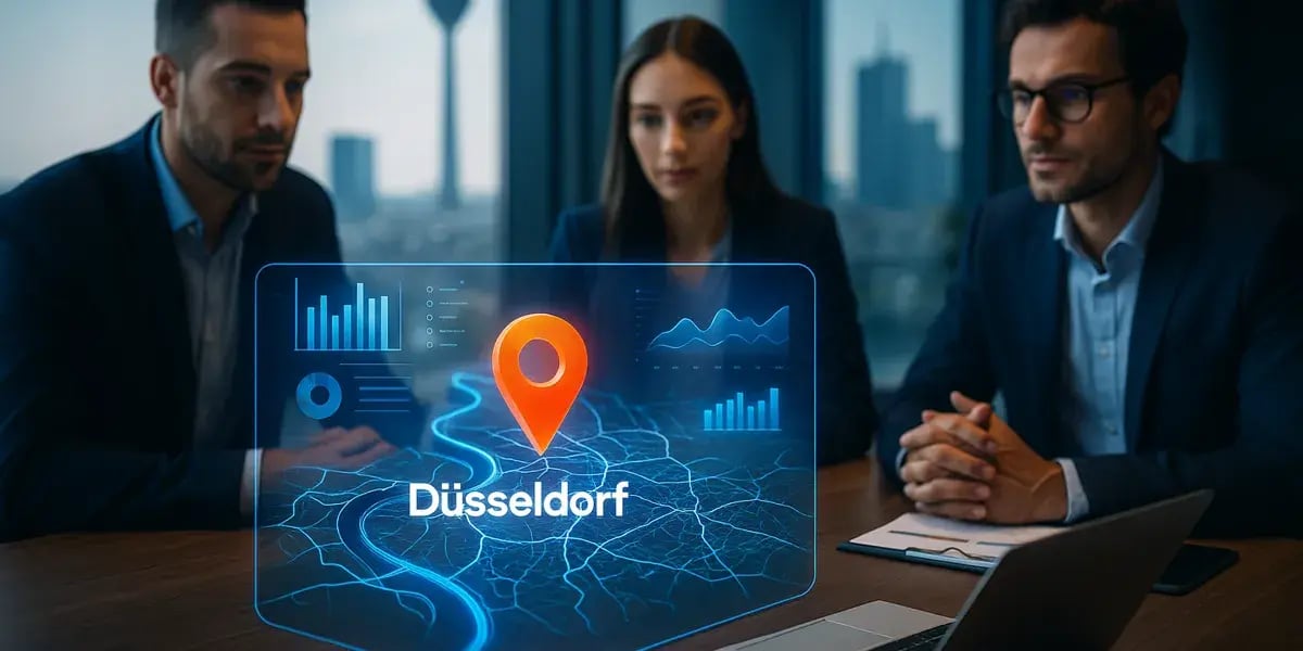 Modernes Büro mit digitalen Datenanzeigen und E-Commerce-Dashboards bei Sonnenuntergang über Düsseldorf.