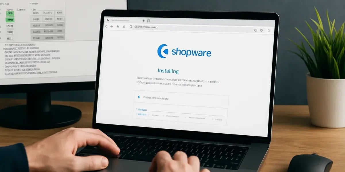 Person installiert Shopware auf einem Laptop, Fortschrittsanzeige sichtbar, zusätzlicher Monitor im Hintergrund.