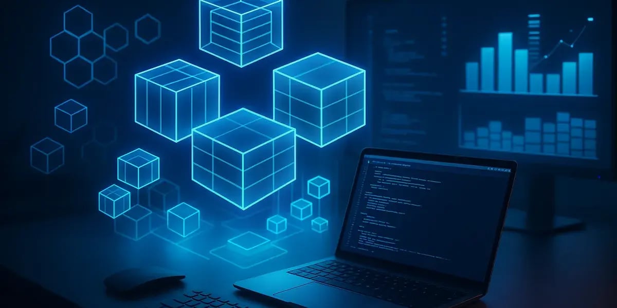 Digitale Darstellung von Datenblöcken über einem Arbeitsplatz mit Laptop und Analyse-Dashboard.