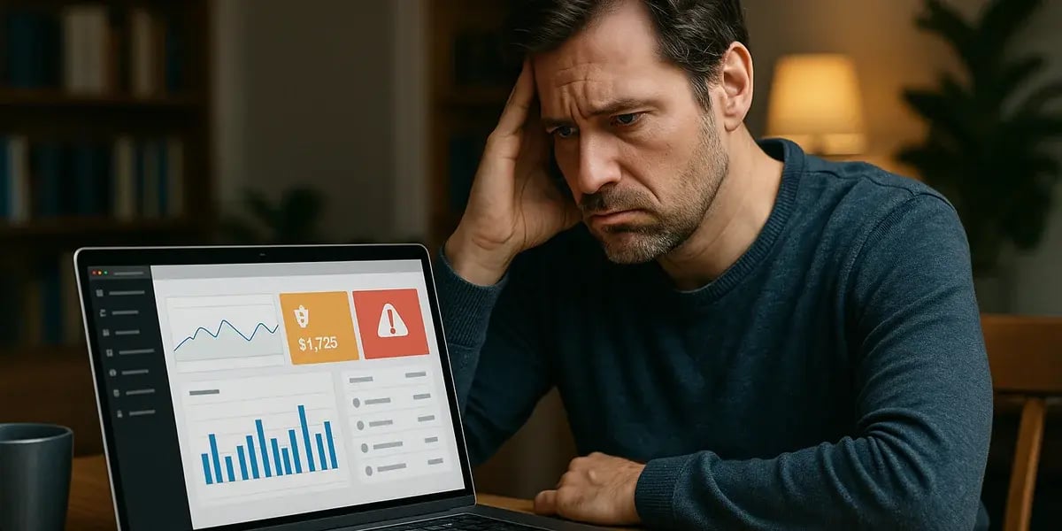 Nachdenklicher Mann sitzt vor Laptop mit Finanz-Dashboard und Warnsymbol, wirkt besorgt.