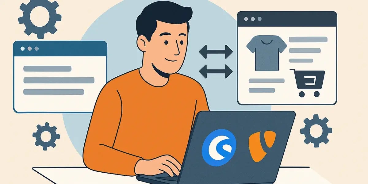Illustration eines lächelnden Mannes am Laptop mit Shopware- und TYPO3-Logo, daneben Shop- und Content-Fenster.