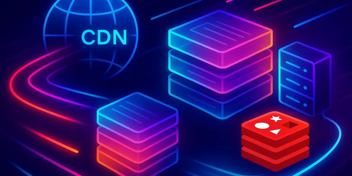 Illustration eines globalen CDN-Netzwerks mit Servern und Datenfluss in leuchtenden Farben.