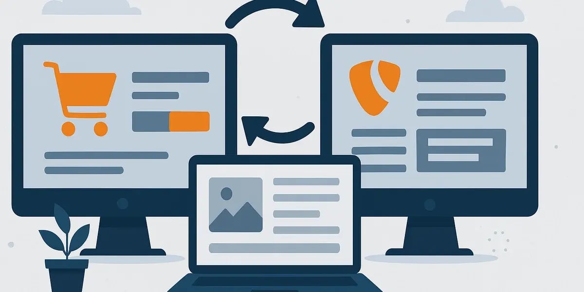 Illustration von drei Monitoren mit Shop-, TYPO3- und Content-Ansichten, verbunden durch Pfeile für Datenaustausch.