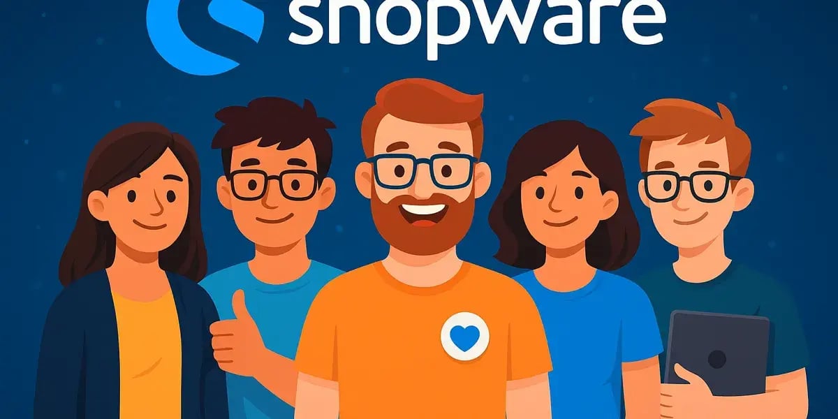 Illustration eines fröhlichen Teams mit Shopware-Logo im Hintergrund.