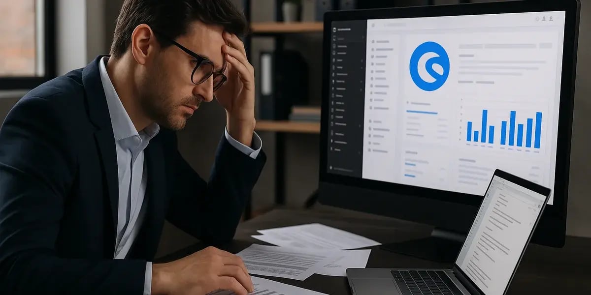 Geschäftsmann sitzt gestresst vor Schreibtisch mit Papieren und Shopware-Dashboard auf Monitor.