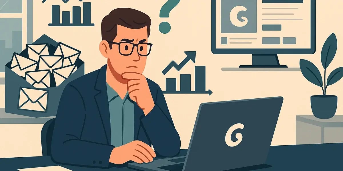 Illustration eines nachdenklichen Mannes vor Laptop mit Shopware-Logo, Diagrammen und E-Mail-Symbolen.