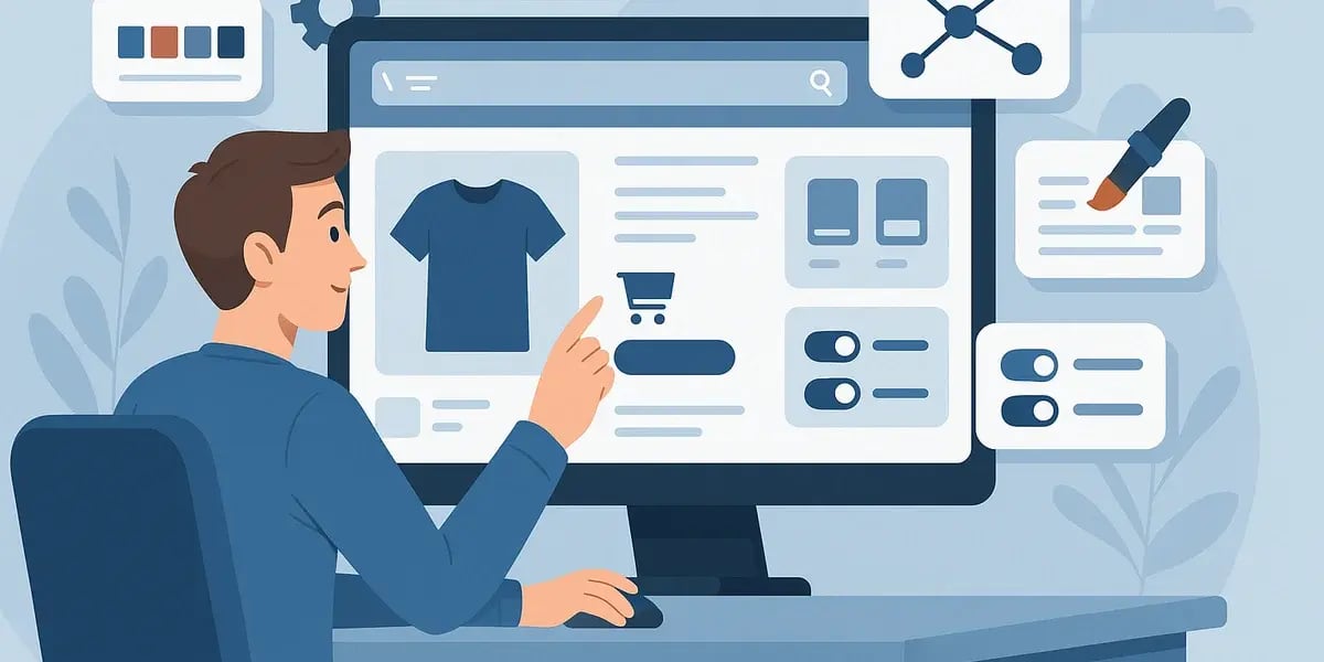Illustration eines Mannes, der im Shop-Backend Produkt- und Designoptionen auf einem großen Monitor verwaltet.