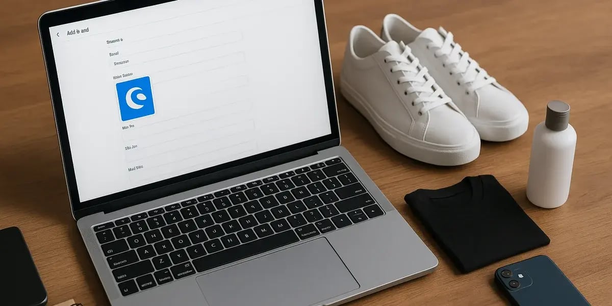 Laptop mit geöffneter Produktseite, daneben weiße Sneaker, schwarzes T-Shirt, Smartphone und Flasche auf Holztisch.