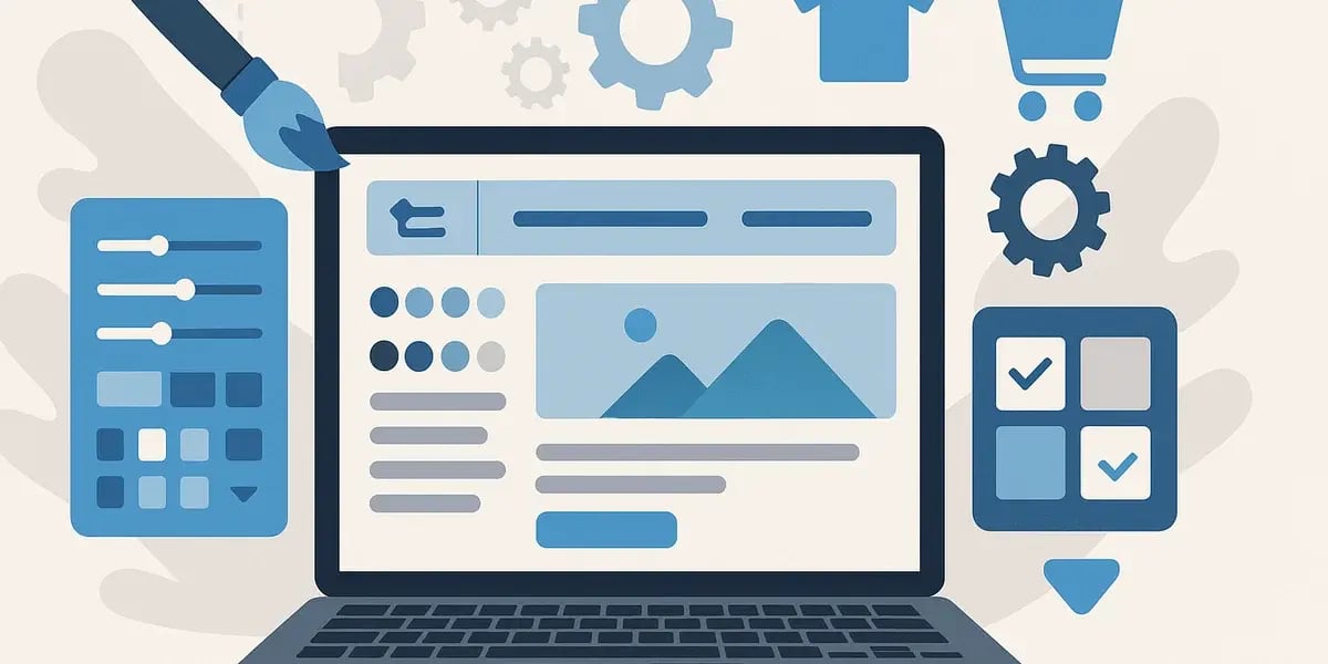 Illustration eines Laptops mit Shop-Editor, Farbpaletten, Symbolen und Einstellungen für Designanpassungen.