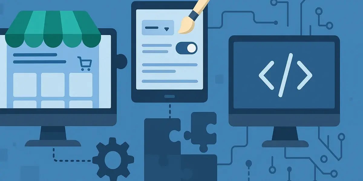 Illustration von Monitoren und Tablet mit Shop-Frontend, Designoptionen und Code-Ansicht, verbunden durch Puzzleteile.