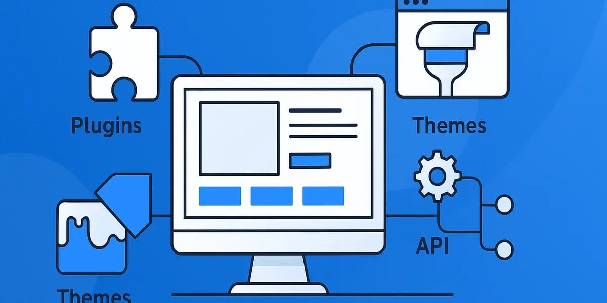 Illustration eines Shop-Systems mit Symbolen für Plugins, Themes und API, die an einen Monitor angebunden sind.