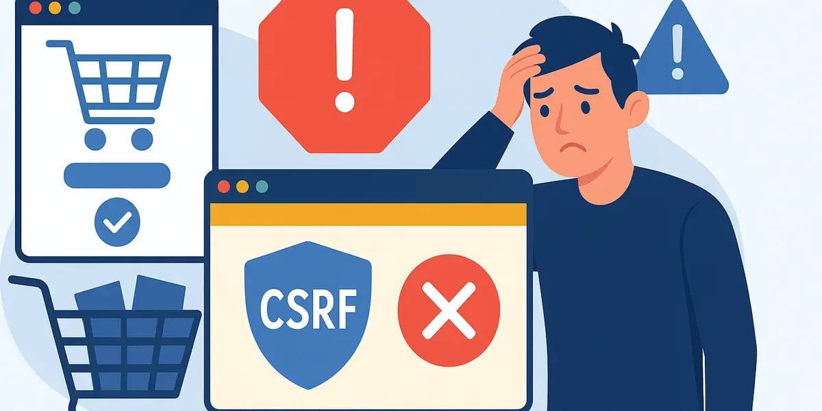 Illustration eines besorgten Mannes vor Monitoren mit Warnsymbolen und CSRF-Sicherheitsfehler im Online-Shop.