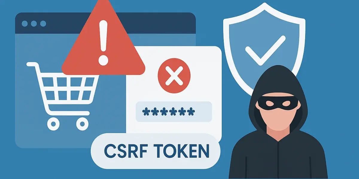 Illustration eines Online-Shops mit CSRF-Token-Fehler, Warnsymbolen und einer Figur mit Kapuze und Maske.
