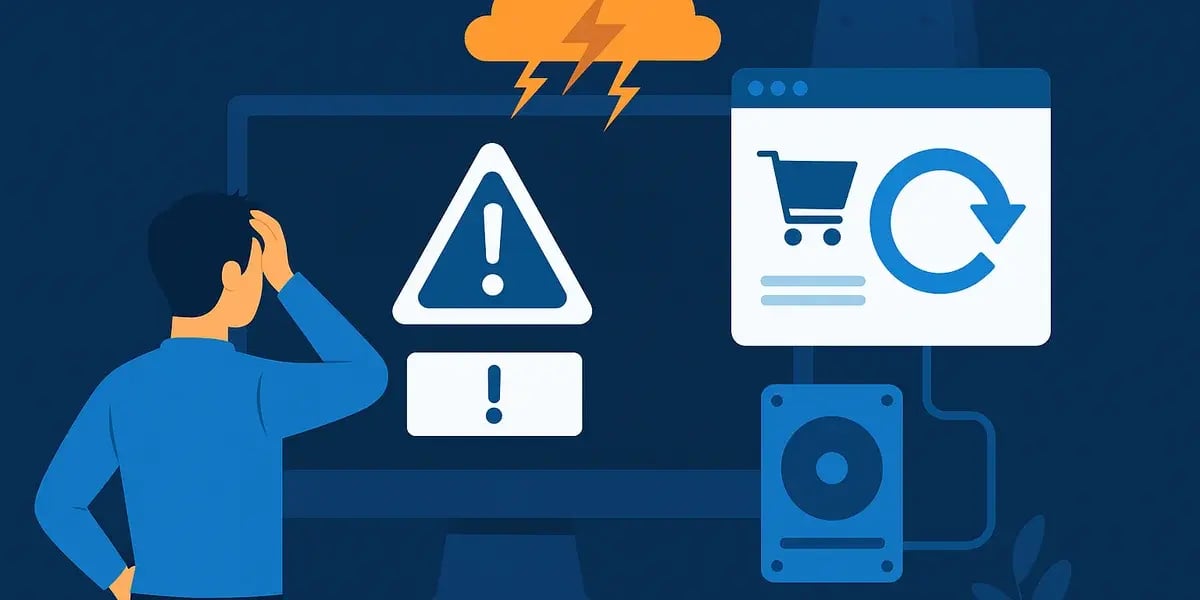 Illustration eines Mannes vor Monitor mit Warnsymbolen und Cloud-Blitzsymbol, das Shop-Probleme darstellt.