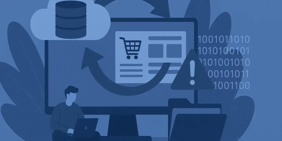 Illustration eines Online-Shops mit Cloud-Backup, Synchronisationspfeilen und Warnsymbol für Systemfehler.