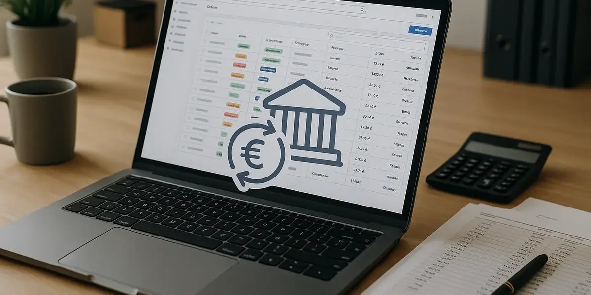 Laptop mit geöffneter Finanzübersicht und Symbol für Banktransaktionen und Euro-Zahlungen.