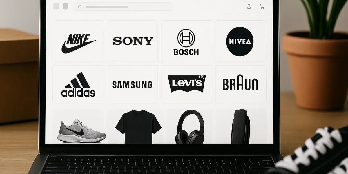 Laptop zeigt Markenlogos von Nike, Sony, Bosch, Nivea, Adidas, Samsung, Levi’s und Braun sowie Produktbilder.