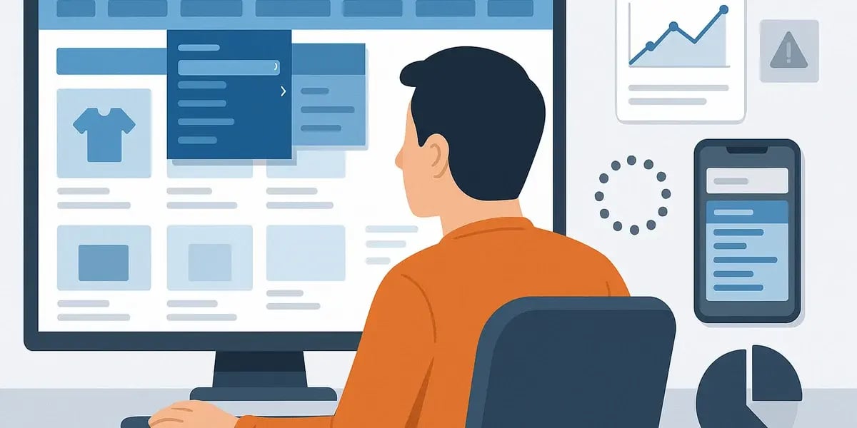 Illustration eines Mannes am Computer, der ein Shop-Backend mit Produktübersicht und Diagrammen bedient.