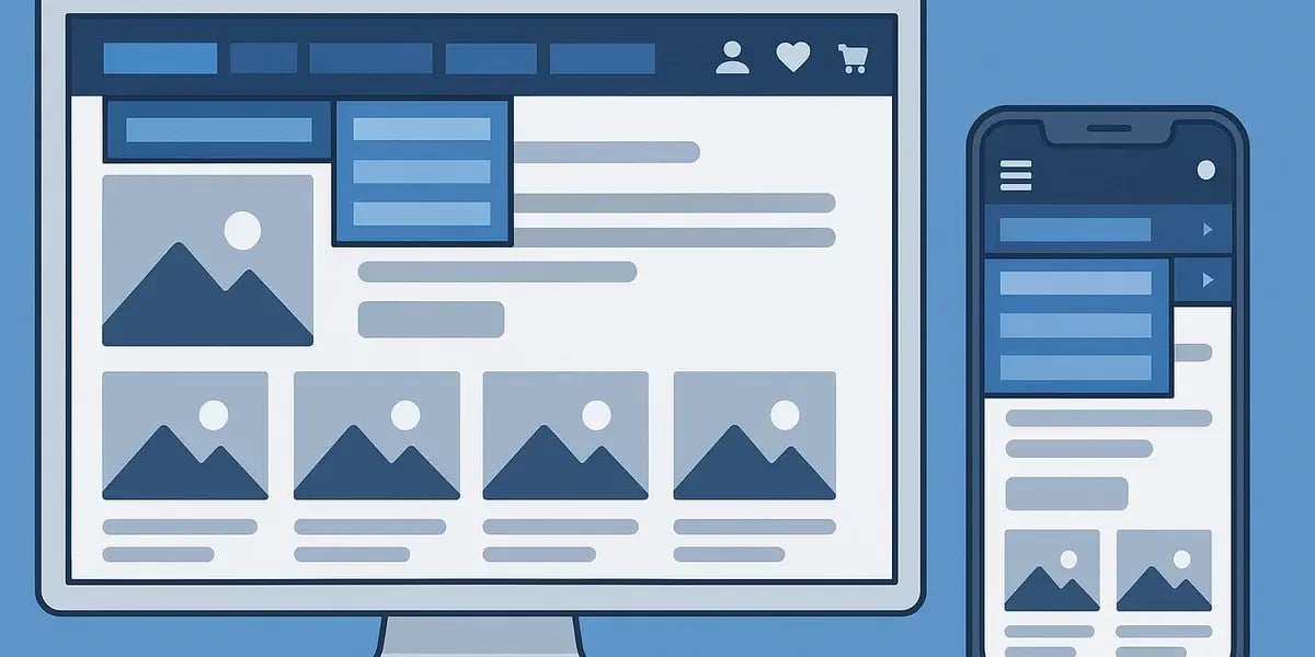 Illustration von Desktop- und Smartphone-Ansicht eines Online-Shops mit Navigation und Produktbildern.