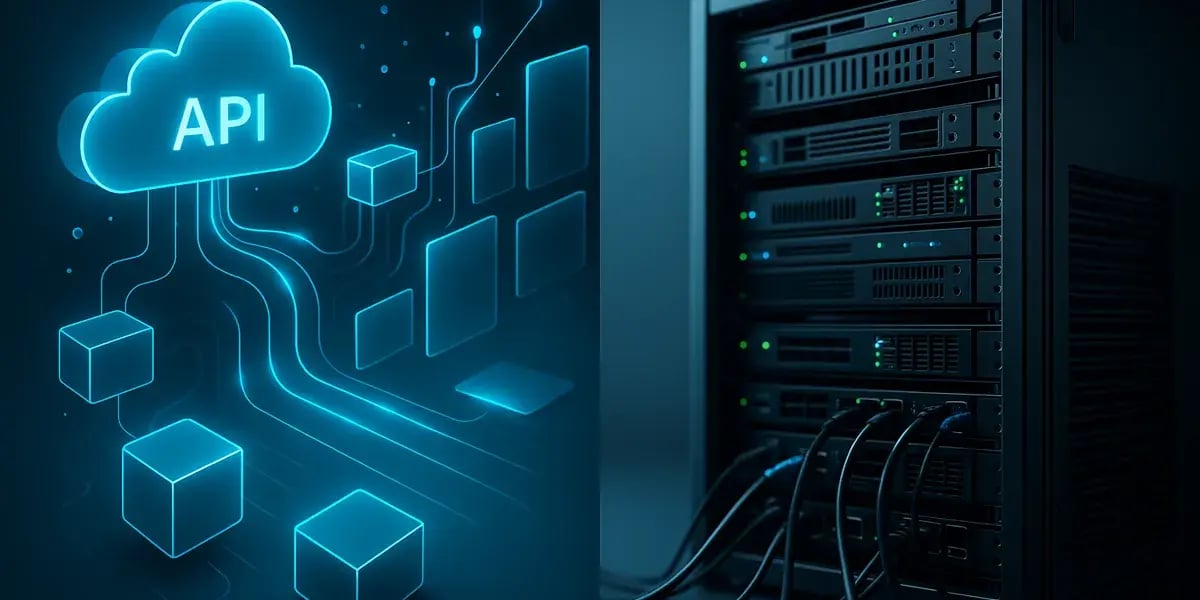 Grafische Darstellung einer API-Cloud und eines Servers mit Netzwerkverbindungen in modernem Technikdesign.