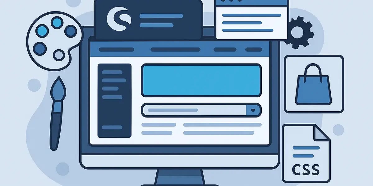 Illustration eines Monitors mit Shop-Backend, Symbolen für Design, CSS, Warenkorb und Einstellungen.