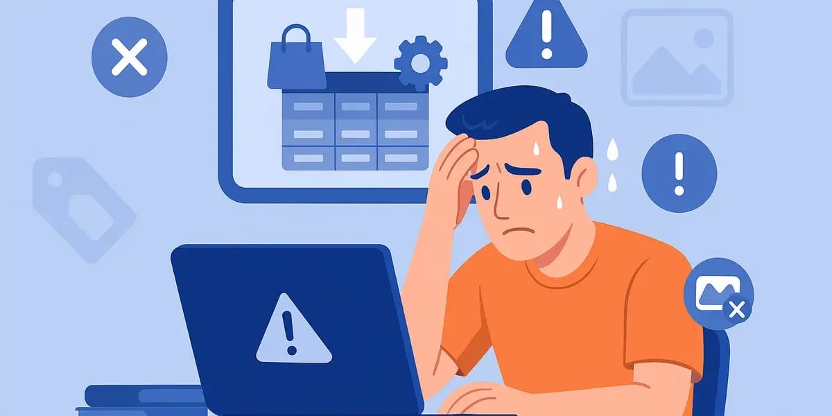 Illustration eines gestressten Mannes am Laptop mit Fehlermeldungen und Warnsymbolen rund um den Bildschirm.