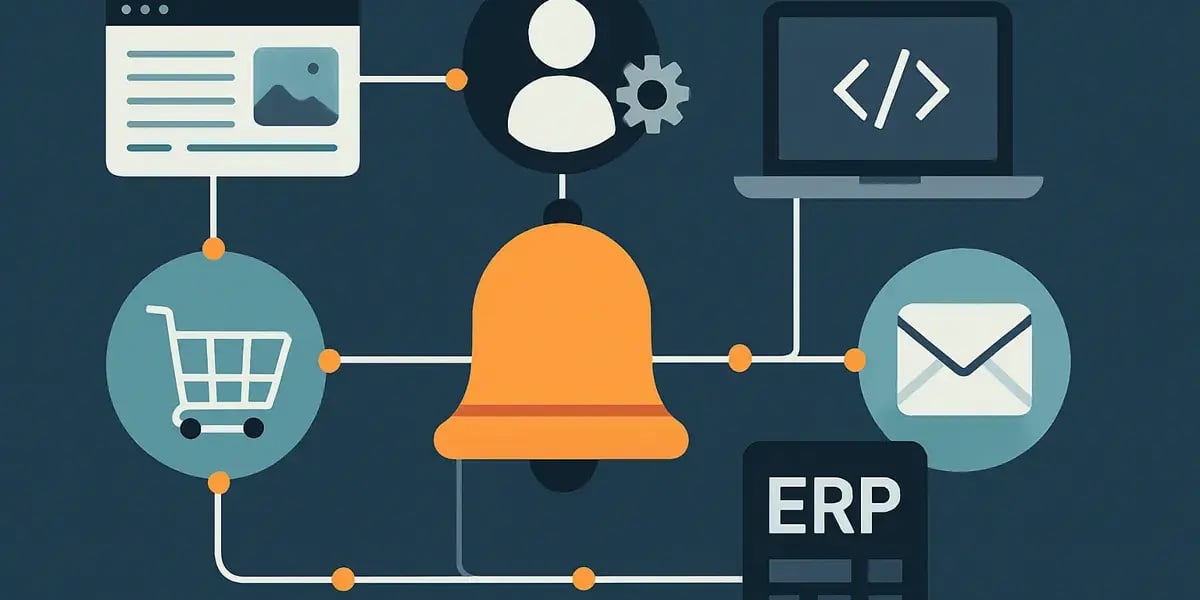 Grafische Darstellung vernetzter Systeme mit Glockensymbol, ERP, E-Mail und Online-Shop.