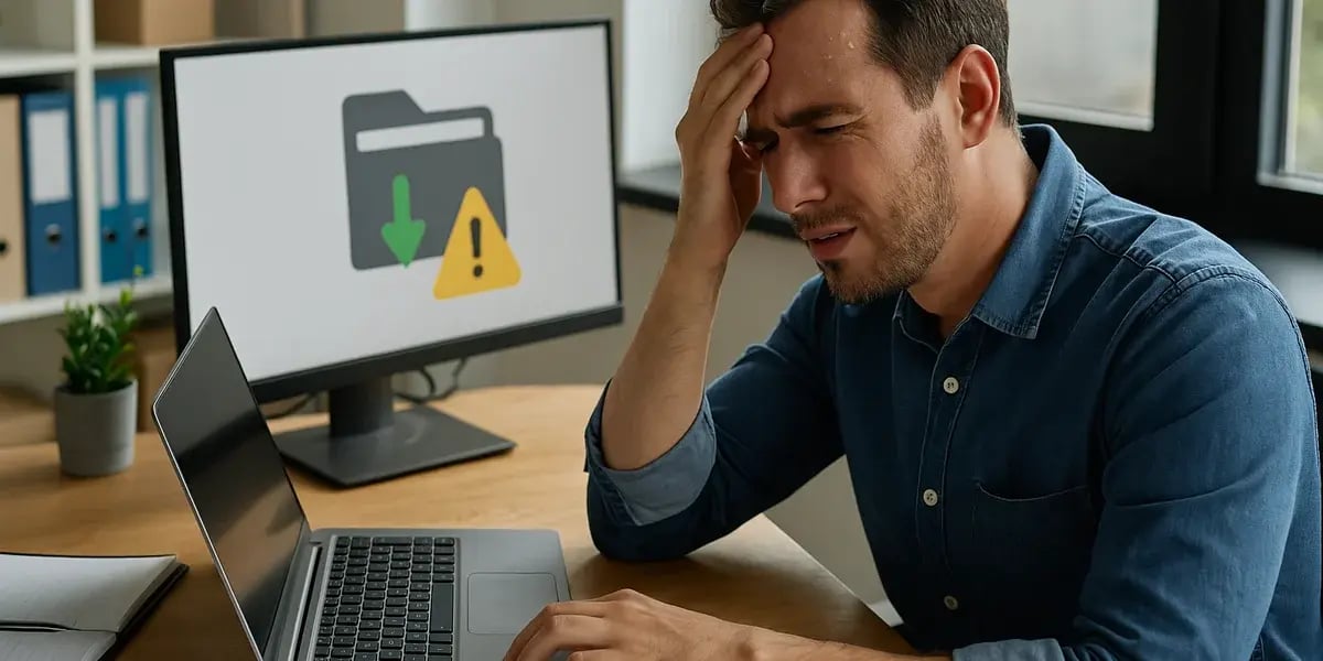 Mann am Schreibtisch mit Laptop, der frustriert den Kopf hält, während auf dem Monitor eine Fehlermeldung angezeigt wird.