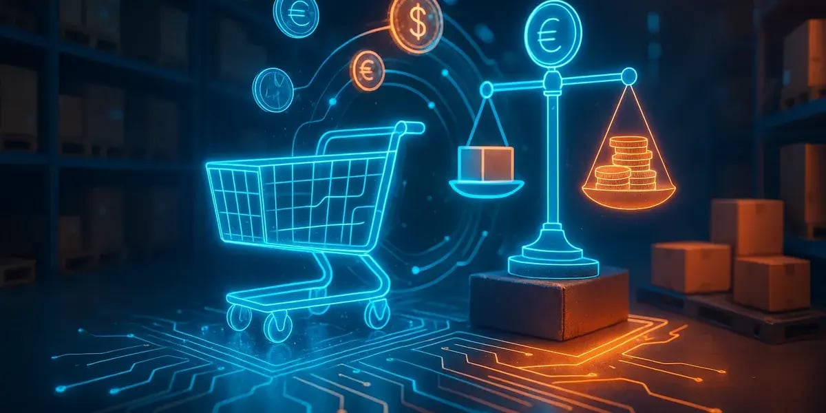 Digitale Illustration eines Einkaufswagens und einer Waage mit Währungssymbolen für Preisbalance im E-Commerce.