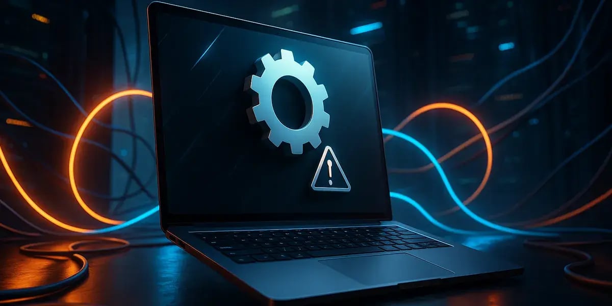 Laptop vor Server-Racks mit großem Zahnrad-Icon und Warnsymbol; im Hintergrund verlaufen leuchtende Datenlinien in Blau und Orange.