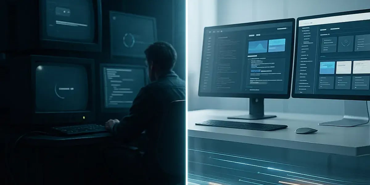 Geteilte Szene: links ein dunkler Retro-Computerraum mit Person vor mehreren Monitoren, rechts ein moderner Arbeitsplatz mit zwei großen Bildschirmen und futuristischen UI-Elementen.