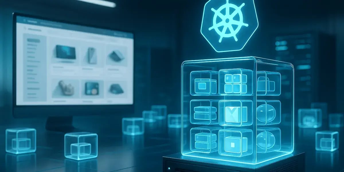Futuristische Server-Szene mit leuchtendem Kubernetes-Symbol und transparentem Daten-Cube; im Hintergrund ein Monitor mit Shop-Dashboard.