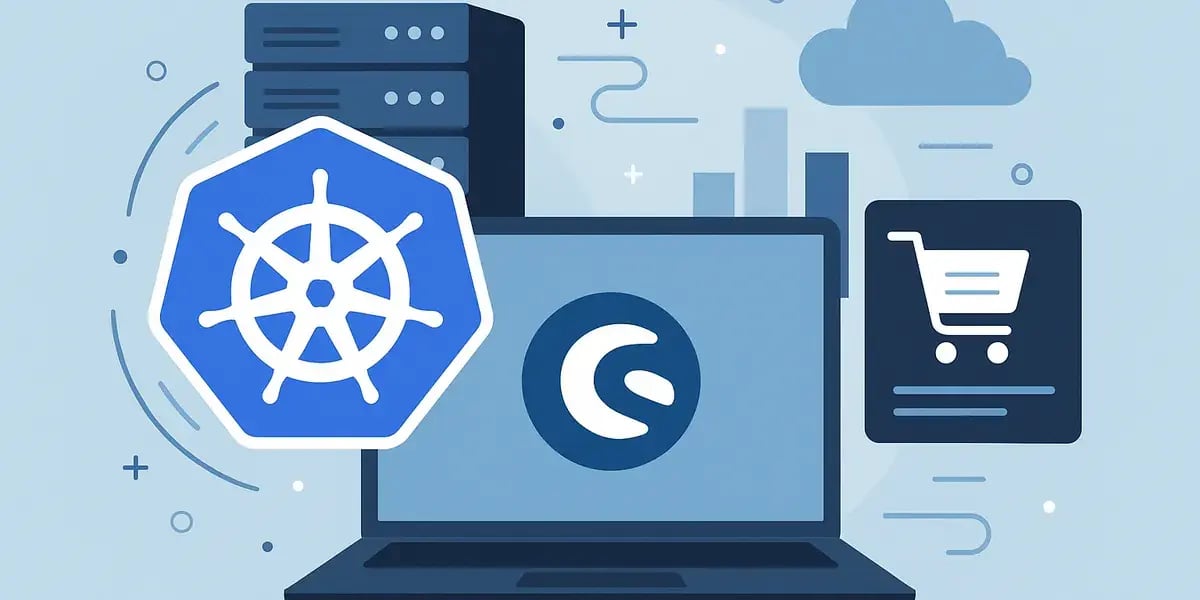 Illustration zu Cloud-E-Commerce: Laptop mit Shop-Logo, Kubernetes-Icon, Server-Stack und Einkaufswagen-Symbol vor Cloud-Hintergrund.