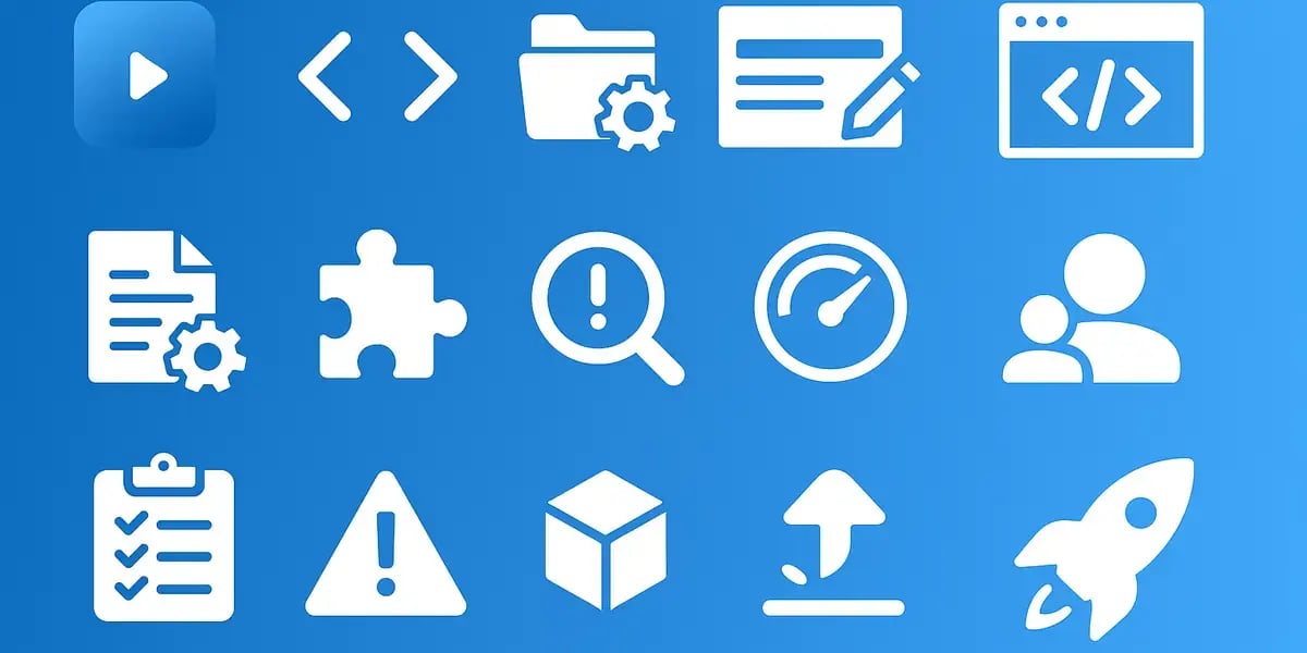 Set aus weißen UI-Icons auf blauem Hintergrund, darunter Play-Button, Code-Symbole, Ordner mit Zahnrad, Dokumente, Suche, Upload und Raketen-Launch.