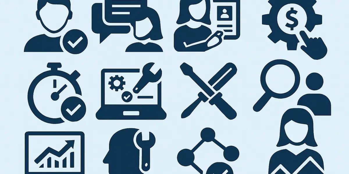 Übersicht aus dunkelblauen Service- und Nutzer-Icons auf hellem Hintergrund, u.a. Profil, Chat, Support, Einstellungen, Analyse, Tools und Team-Suche.