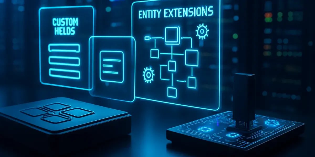 Neonblaue UI-Panels mit den Beschriftungen ‚Custom Fields‘ und ‚Entity Extensions‘ in einer dunklen Server-Umgebung, daneben futuristische Hardware.