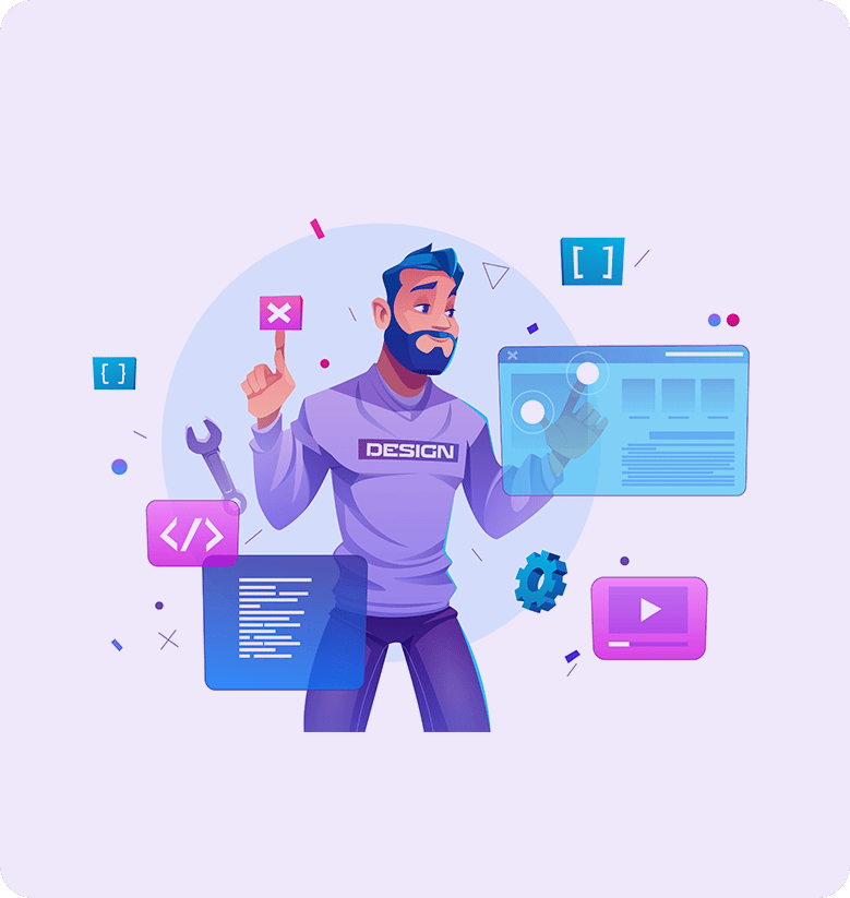 Illustration eines Designers, der mit digitalen UI-Elementen, Code-Symbolen und Werkzeugen interagiert – Darstellung moderner Webentwicklung und Interface-Design.