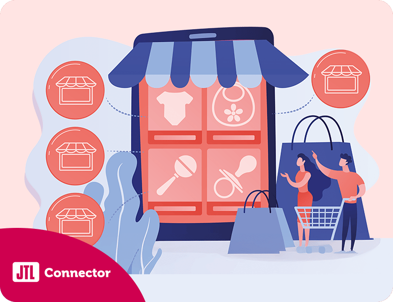 Illustration eines Online-Marktplatzes mit Shop-Symbolen, Produktkategorien und Kunden, die über einen Connector verbunden sind.
