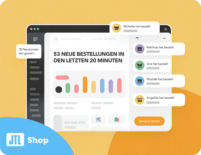 Dashboard eines Online-Shops mit vielen neuen Bestellungen, Kundenbenachrichtigungen und Versandoptionen in einer modernen Oberfläche.