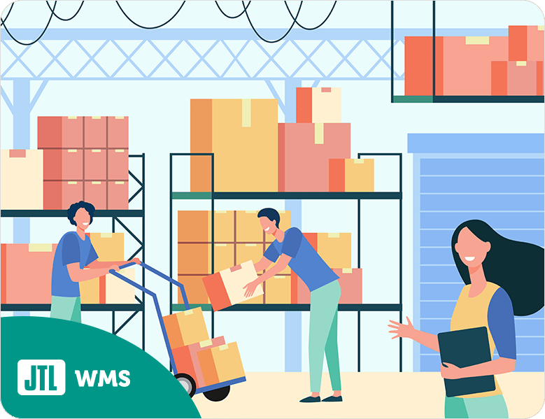 Illustration eines modernen Lagers mit Mitarbeitenden, die Pakete bewegen und ein Warenmanagementsystem für die Lagerlogistik nutzen.
