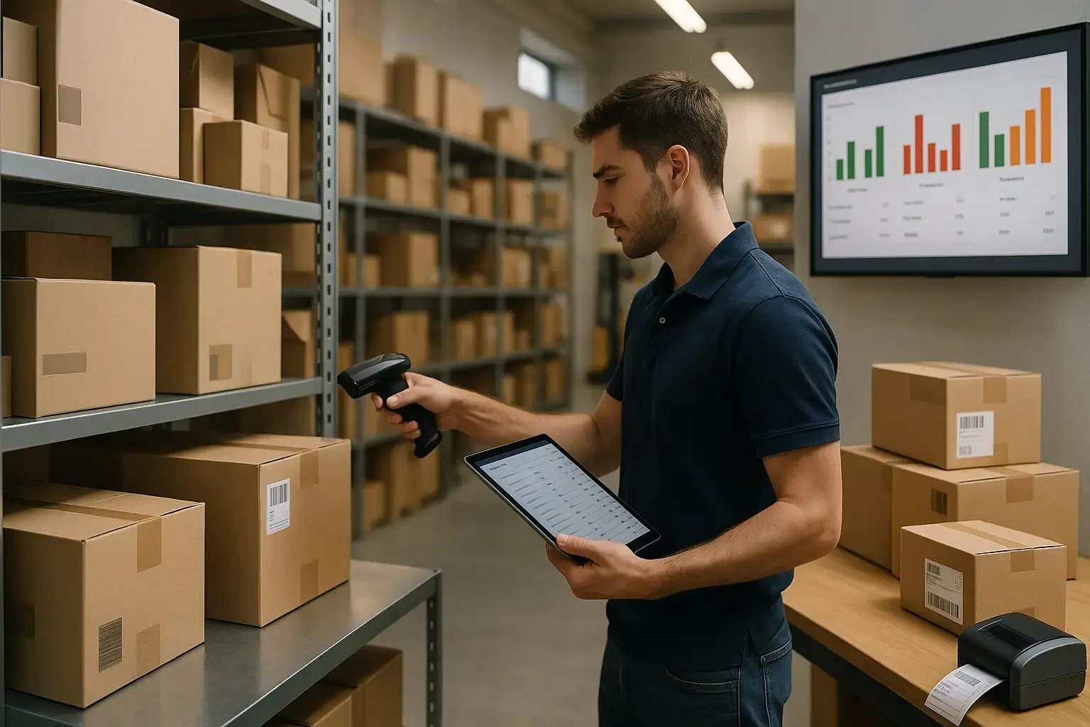 Mitarbeiter scannt Pakete im Lager mit Barcodescanner und Tablet; im Hintergrund Monitor mit Lagerkennzahlen und Diagrammen
