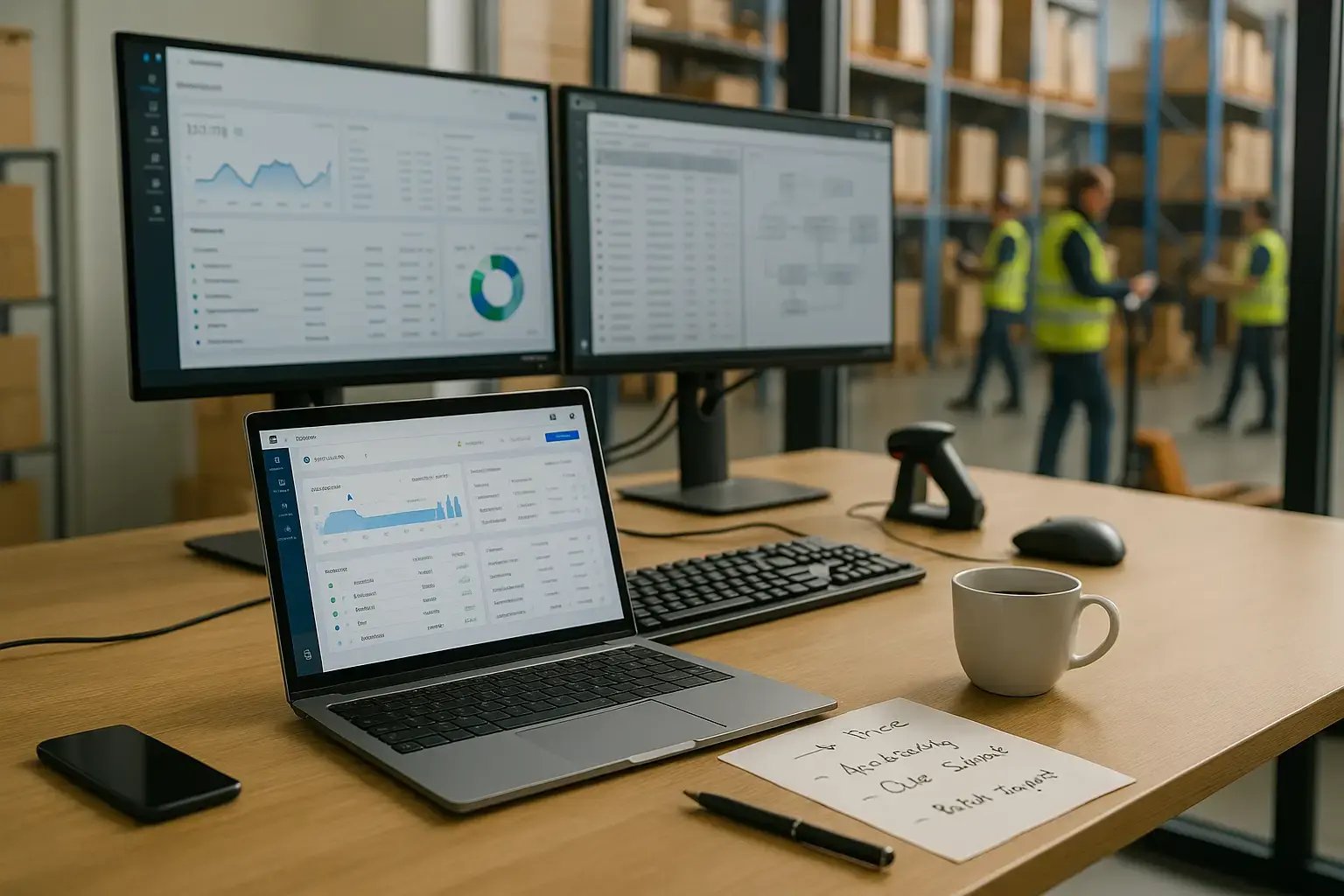 Arbeitsplatz mit Laptop und zwei Monitoren mit Logistik-Dashboard, im Hintergrund eine Lagerhalle mit Mitarbeitenden